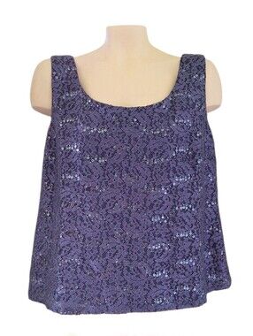 R&M Richards  Blue Sequin Lace Sleeveless Shell Tank Top Wedding Evening 16